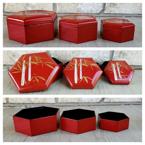 Interpur Trinket Boxes w Hand-Painted Bamboo Red Hexagonal Nesting Set of 3 - Picture 8 of 10